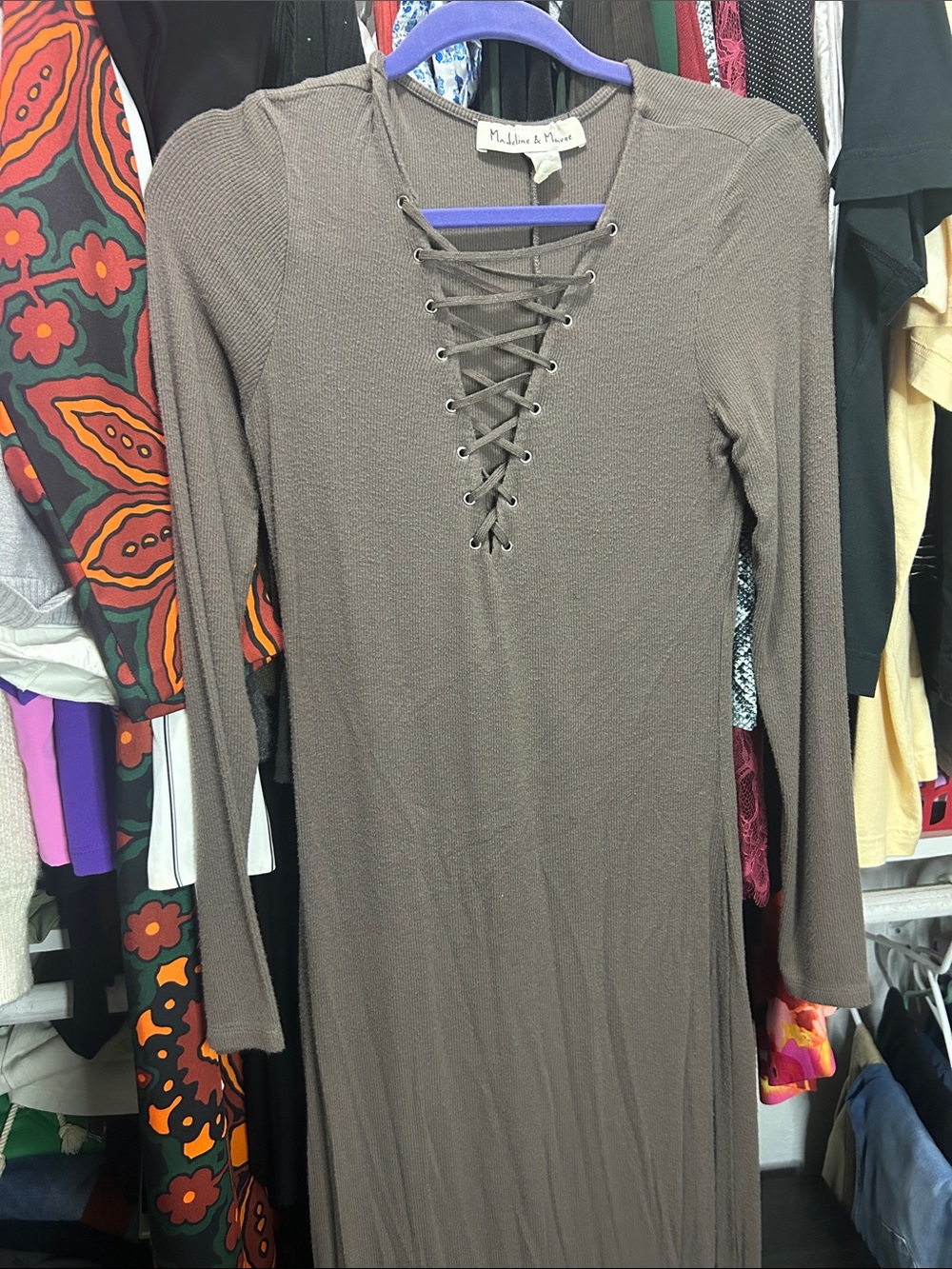 Madison & Mason Brown Lace-Up Long Sleeve Ribbed Maxi Dress